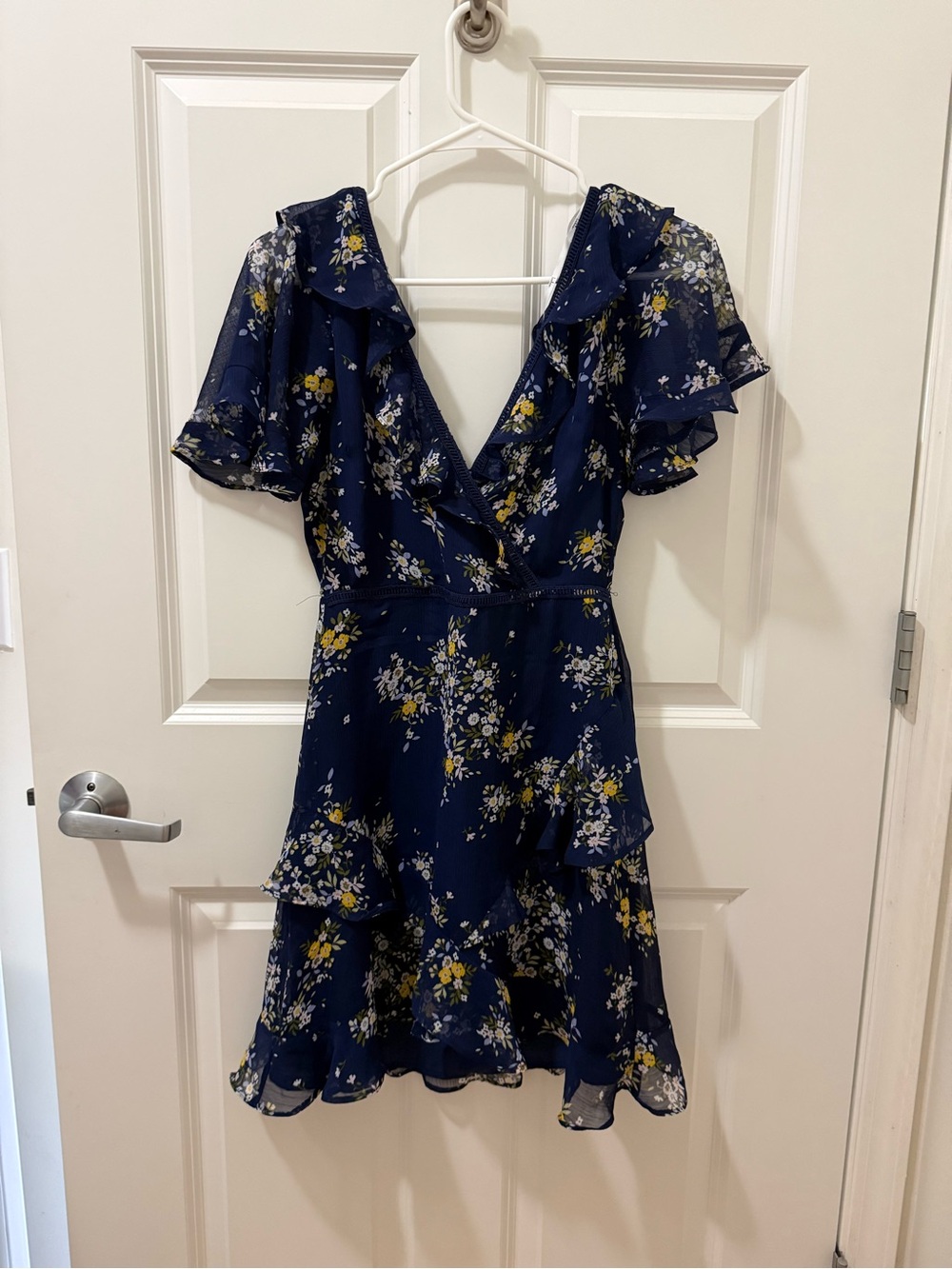 Lulus Navy Floral Wrap Dress with Ruffle Sleeves